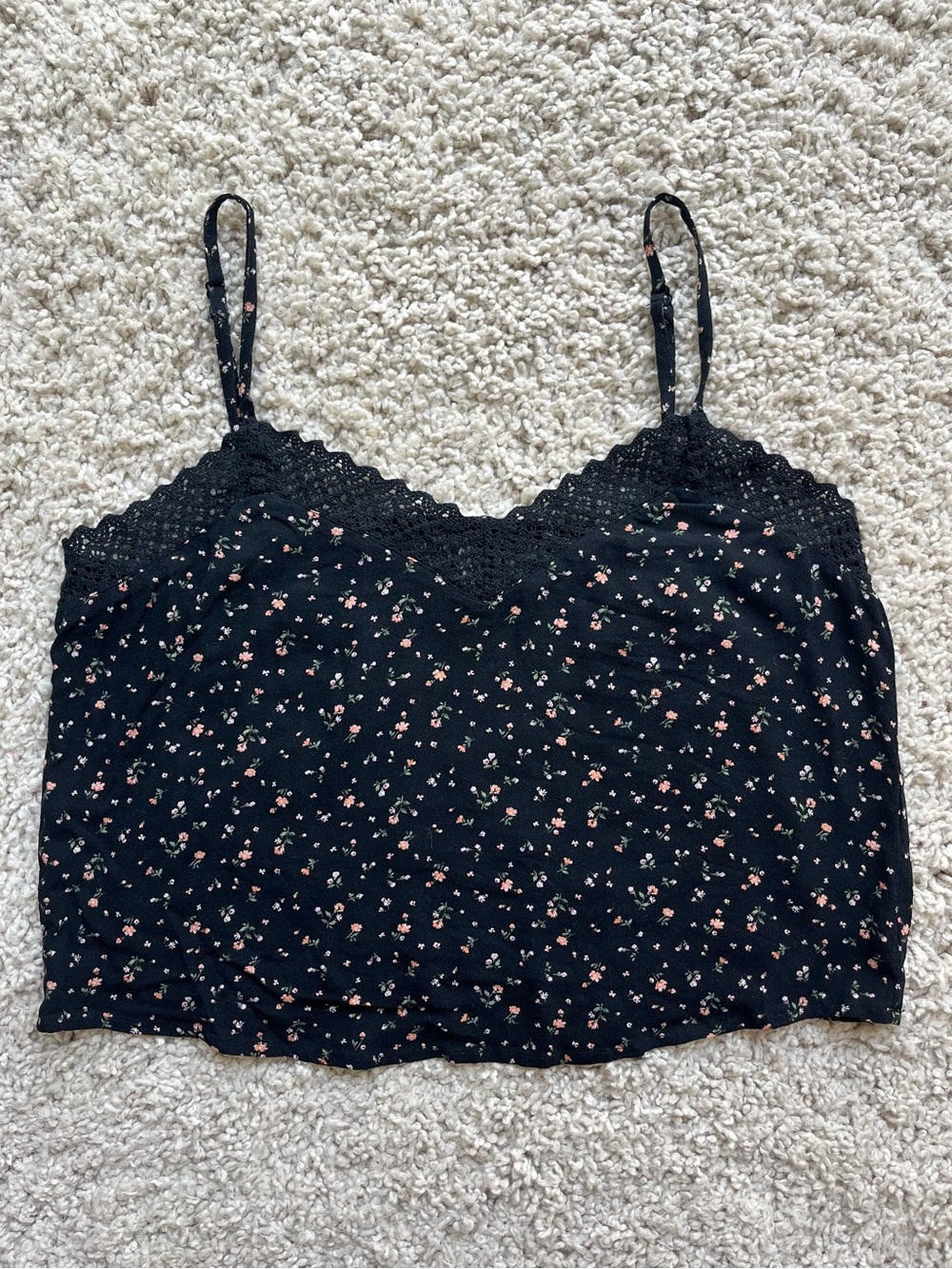 American Eagle Black Floral Lace-Trim Tank Top